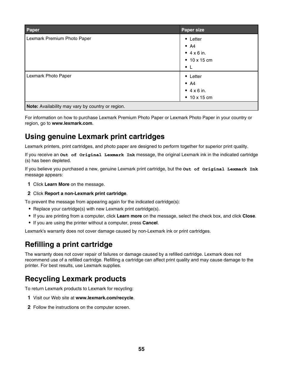 Using genuine lexmark print cartridges, Refilling a print cartridge, Recycling lexmark products | Lexmark 2500 Series User Manual | Page 55 / 76