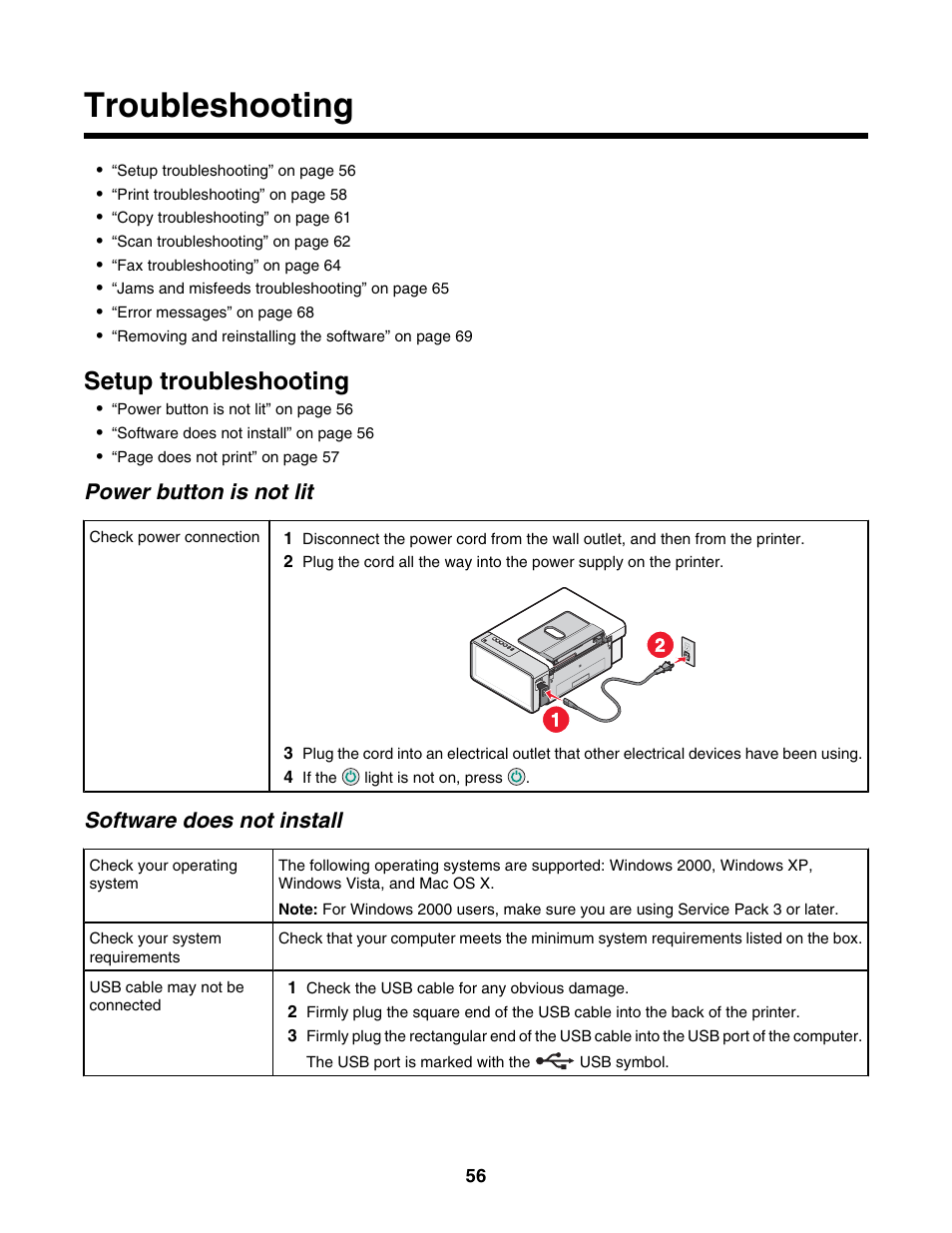 Troubleshooting, Setup troubleshooting, Power button is not lit | Software does not install | Lexmark 2500 Series User Manual | Page 56 / 76