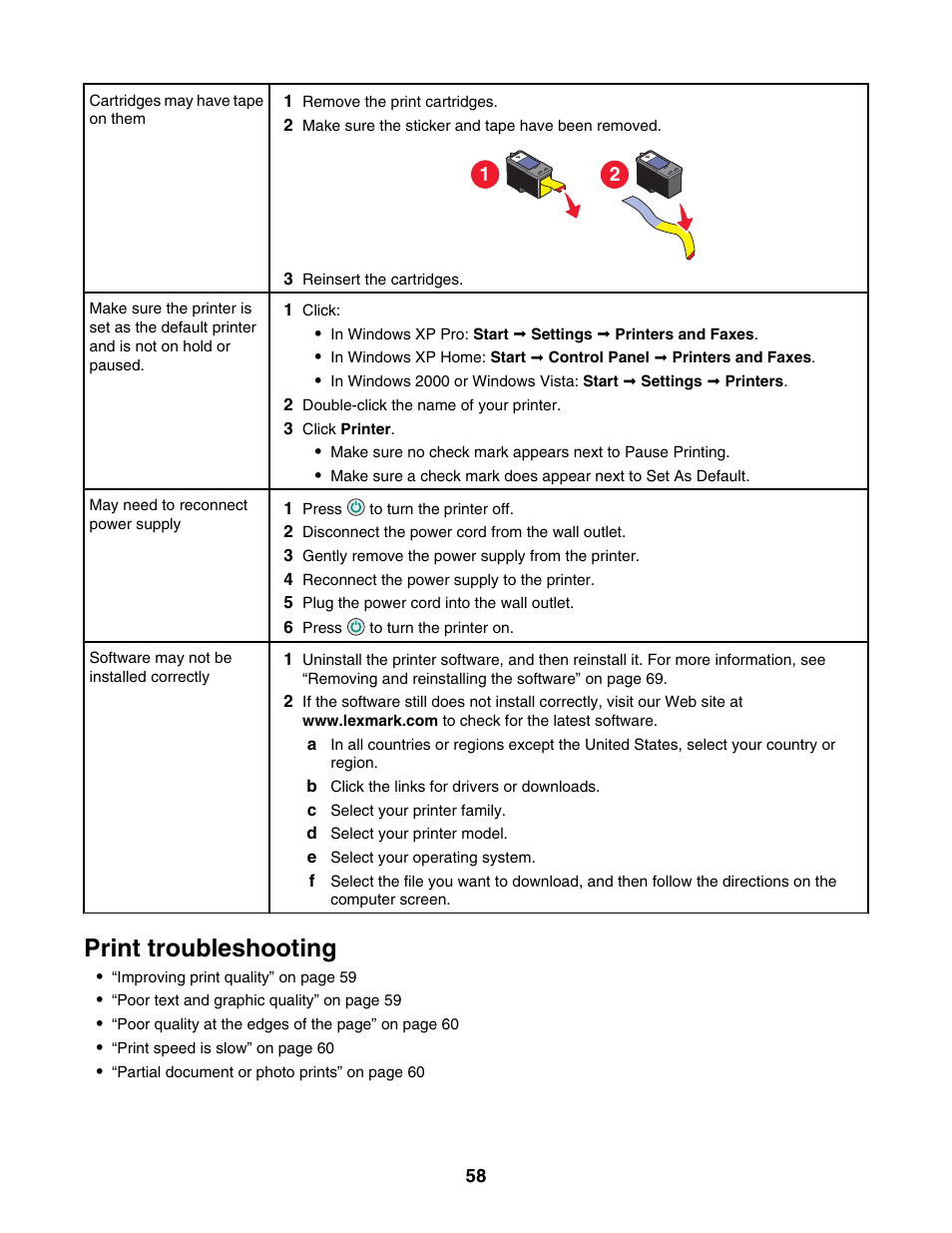 Print troubleshooting | Lexmark 2500 Series User Manual | Page 58 / 76