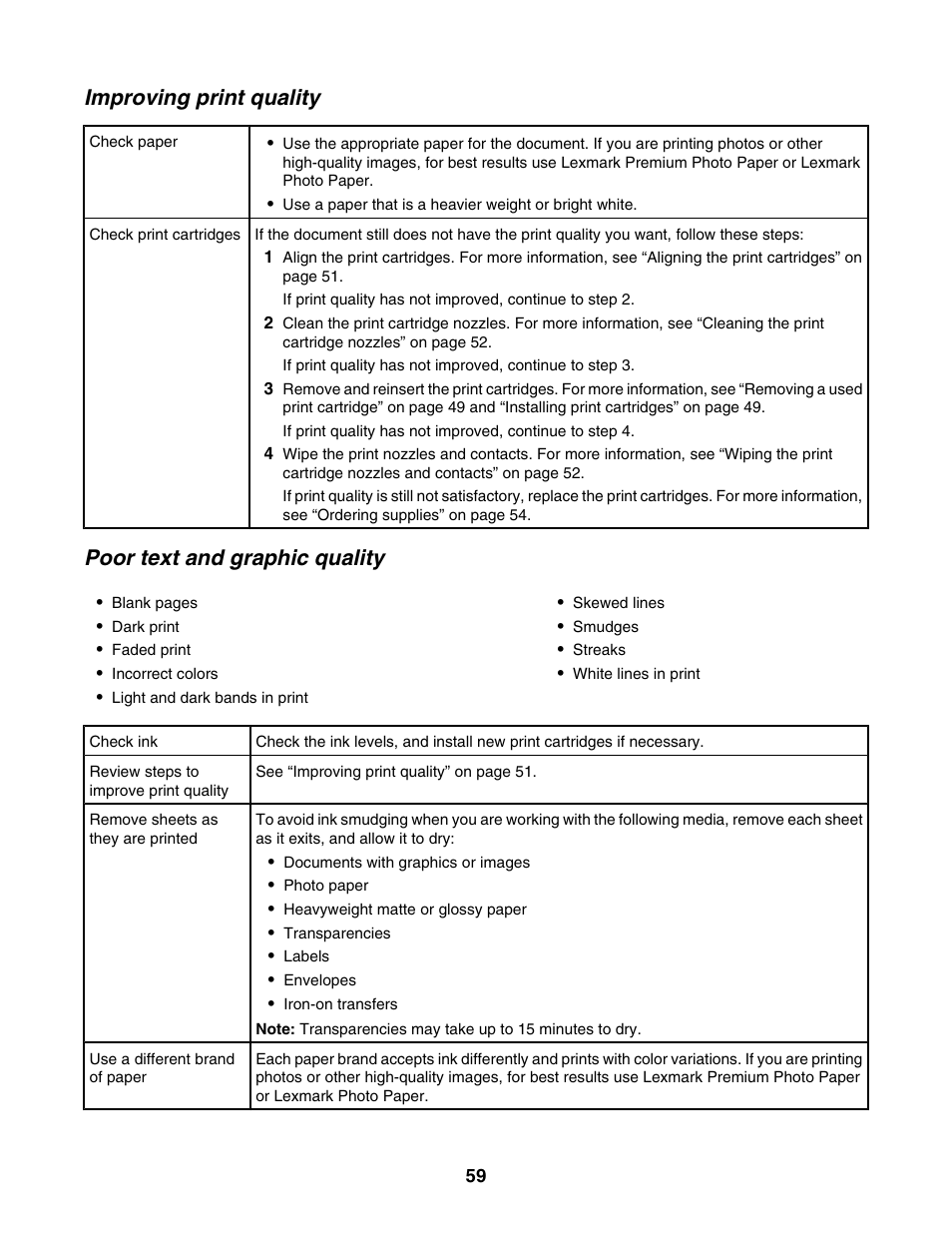 Improving print quality, Poor text and graphic quality | Lexmark 2500 Series User Manual | Page 59 / 76