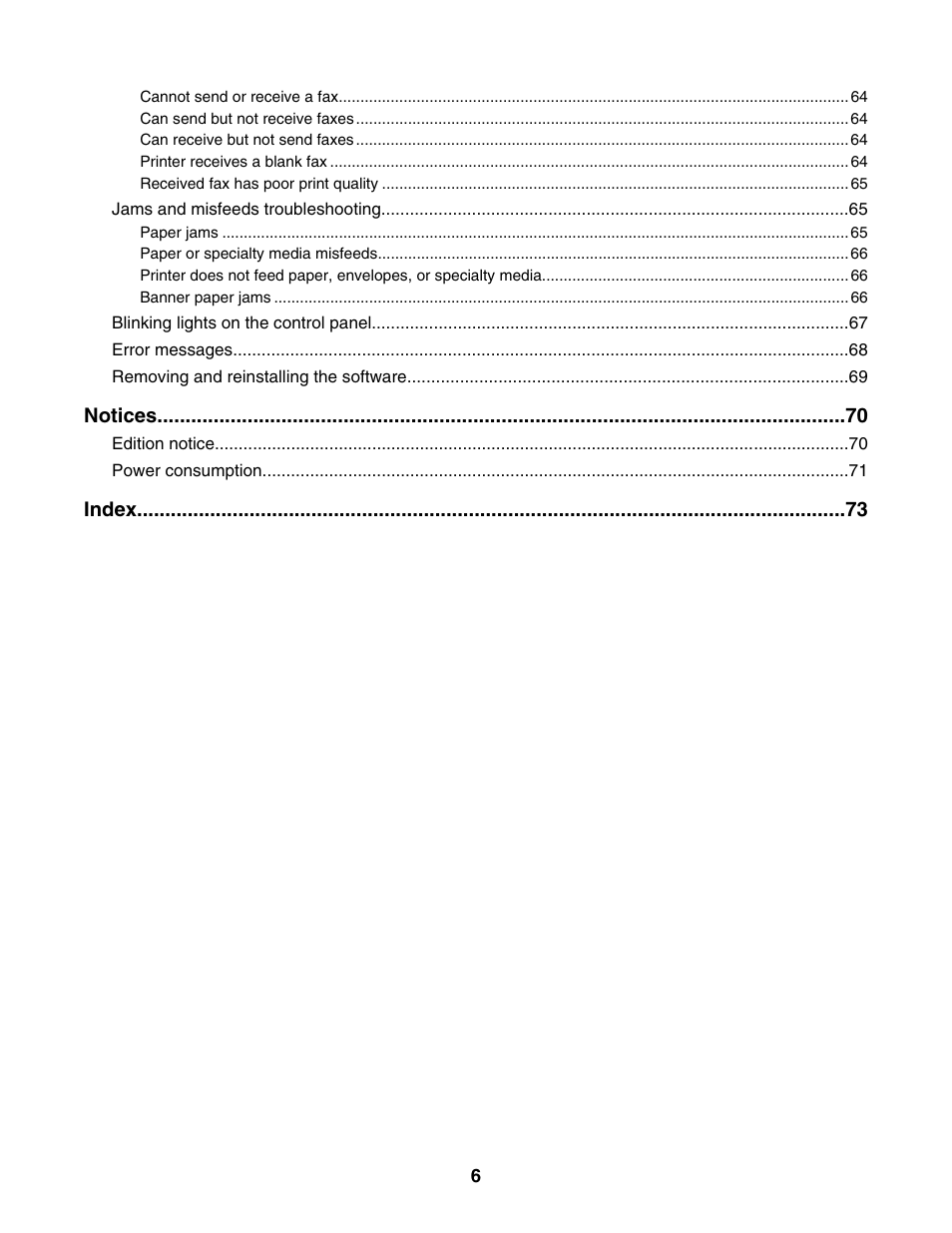 Notices, Index | Lexmark 2500 Series User Manual | Page 6 / 76