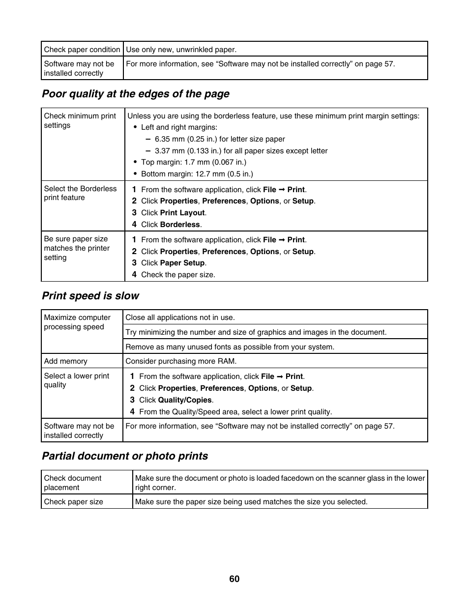 Print speed is slow, Partial document or photo prints, Poor quality at the edges of the page | Lexmark 2500 Series User Manual | Page 60 / 76