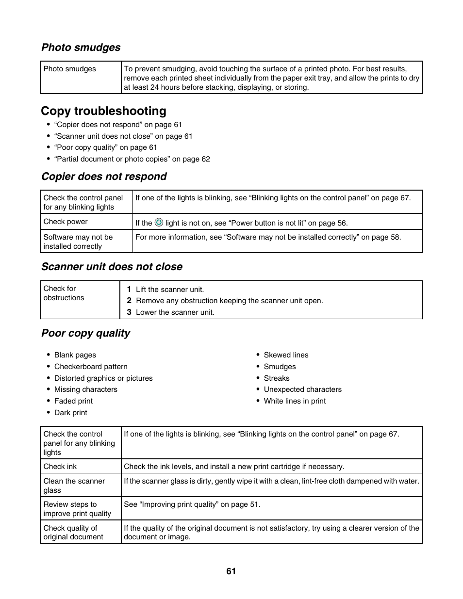 Photo smudges, Copy troubleshooting, Copier does not respond | Scanner unit does not close, Poor copy quality | Lexmark 2500 Series User Manual | Page 61 / 76