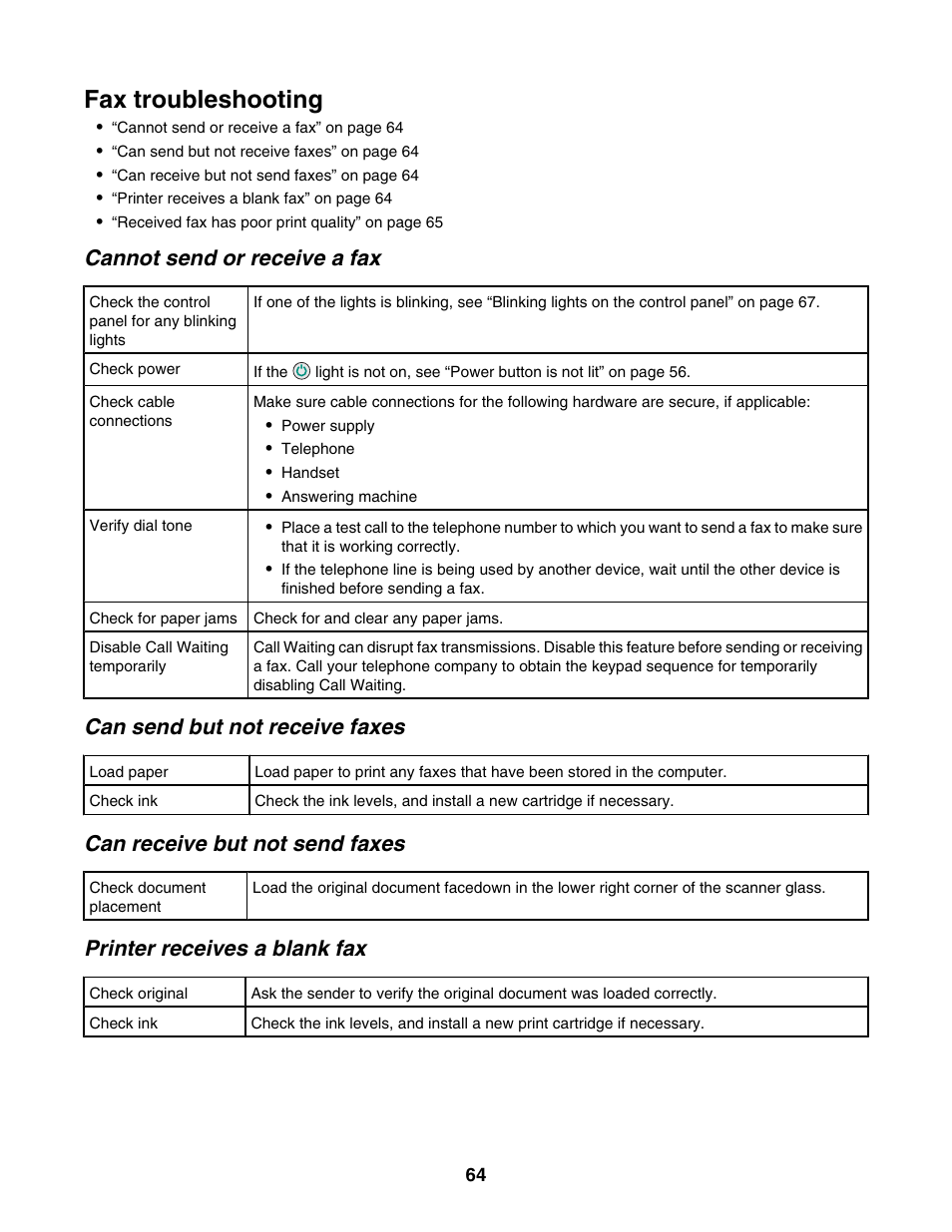 Fax troubleshooting, Cannot send or receive a fax, Can send but not receive faxes | Can receive but not send faxes, Printer receives a blank fax | Lexmark 2500 Series User Manual | Page 64 / 76