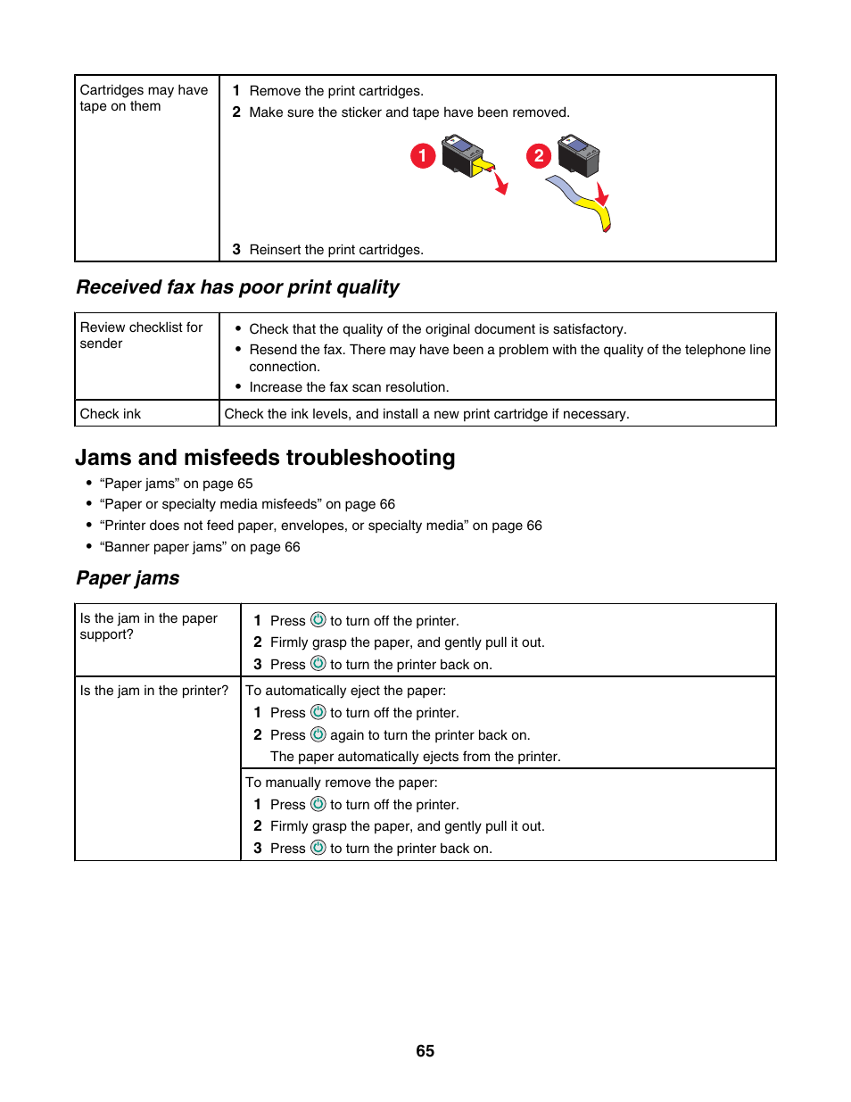 Received fax has poor print quality, Jams and misfeeds troubleshooting, Paper jams | Lexmark 2500 Series User Manual | Page 65 / 76