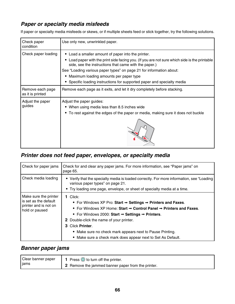 Paper or specialty media misfeeds, Banner paper jams | Lexmark 2500 Series User Manual | Page 66 / 76