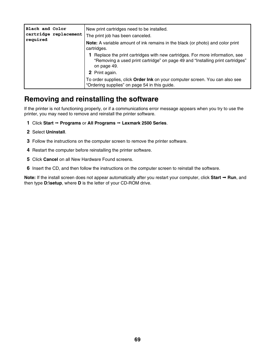 Removing and reinstalling the software | Lexmark 2500 Series User Manual | Page 69 / 76