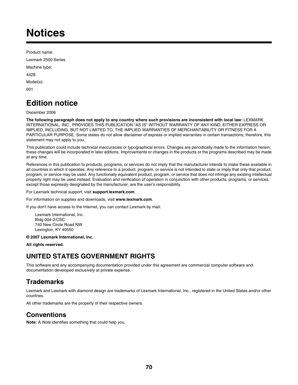 Notices, Edition notice, United states government rights | Trademarks, Conventions | Lexmark 2500 Series User Manual | Page 70 / 76