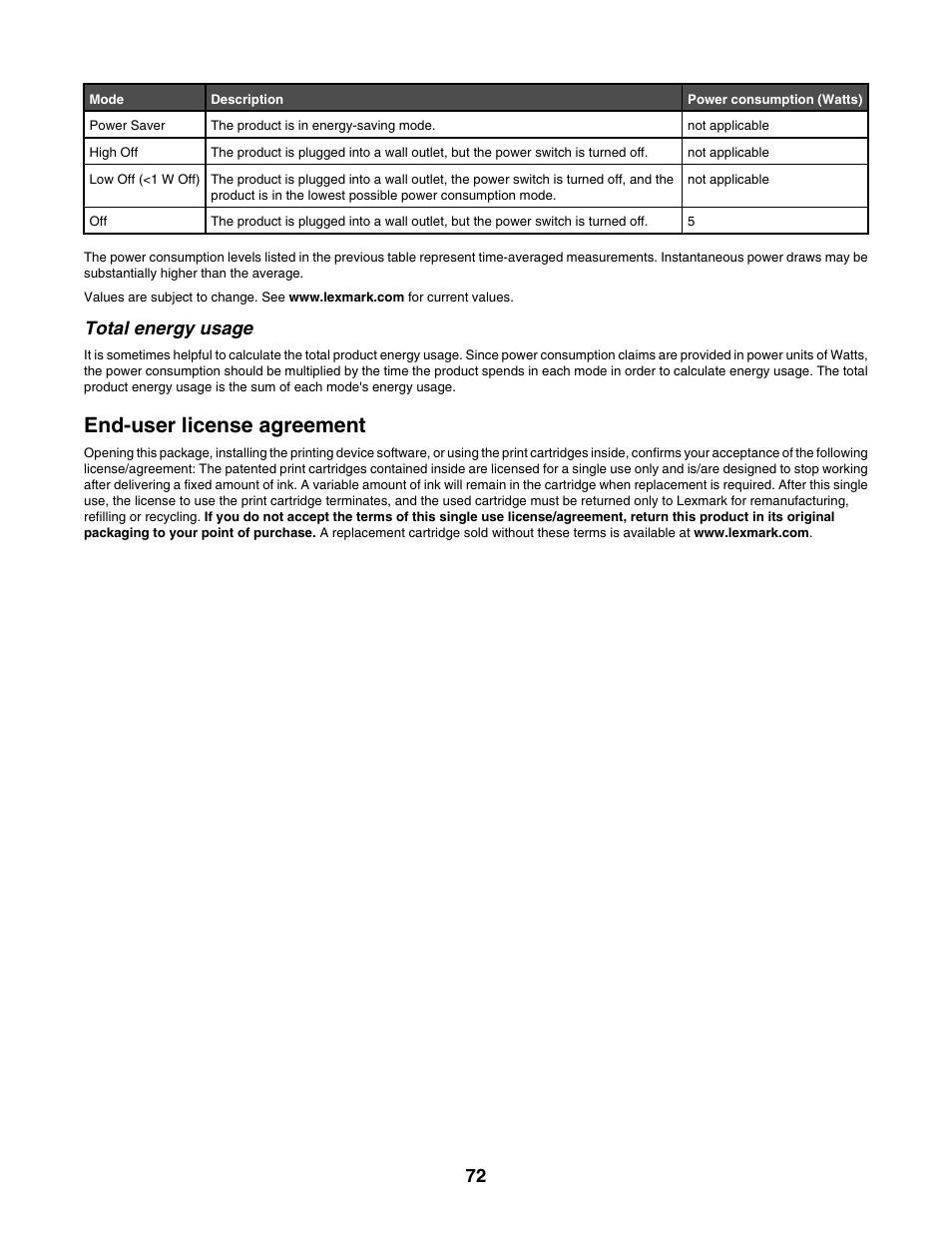 Total energy usage, End-user license agreement | Lexmark 2500 Series User Manual | Page 72 / 76