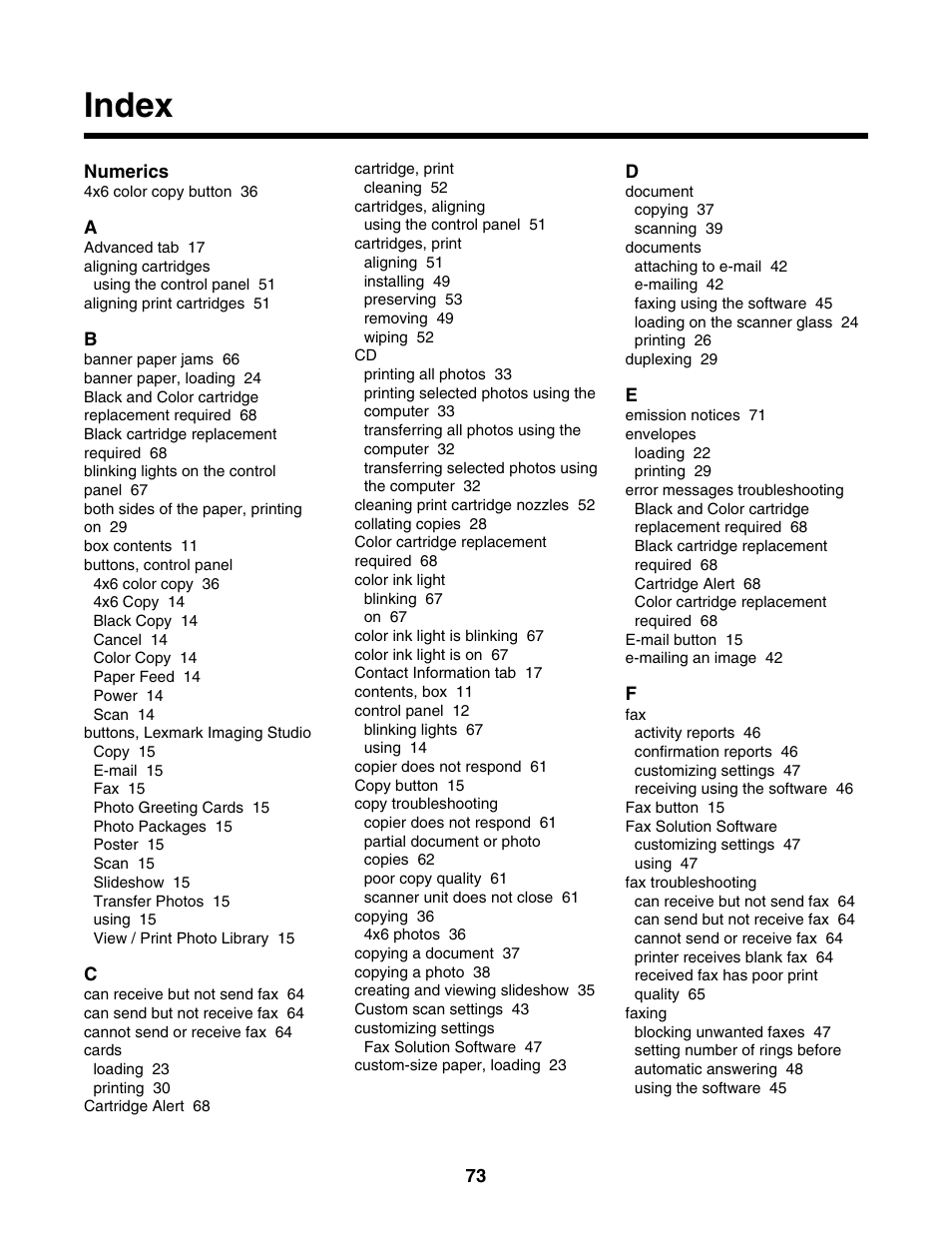 Index | Lexmark 2500 Series User Manual | Page 73 / 76