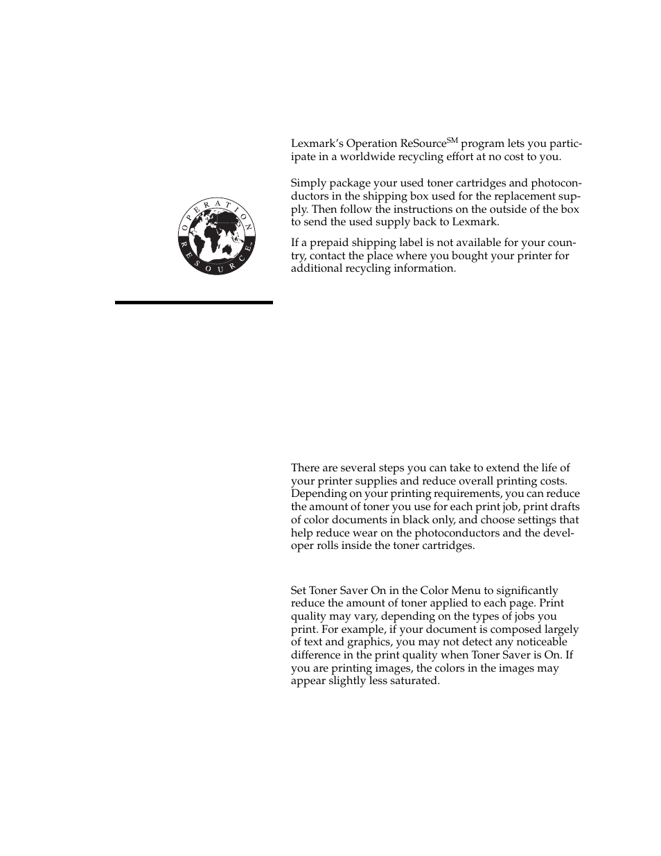 Recycling usedsupplies, Conserving supplies, Recycling used supplies conserving supplies | Toner saver setting, Recycling used supplies | Lexmark 1200 User Manual | Page 110 / 208