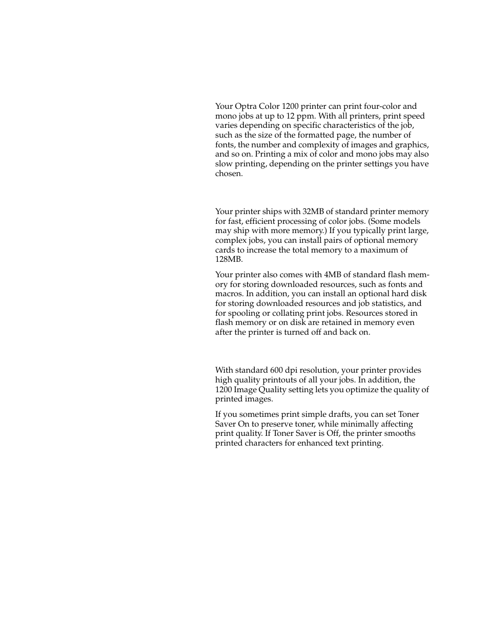 Print speed, Memory, Print quality | Print speed memory print quality | Lexmark 1200 User Manual | Page 16 / 208