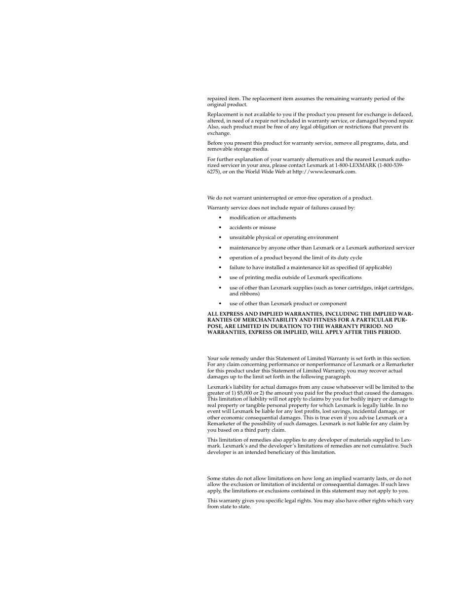 Appendix f: warranty, Extent of warranty, Limitation of liability | Additional rights | Lexmark 1200 User Manual | Page 182 / 208