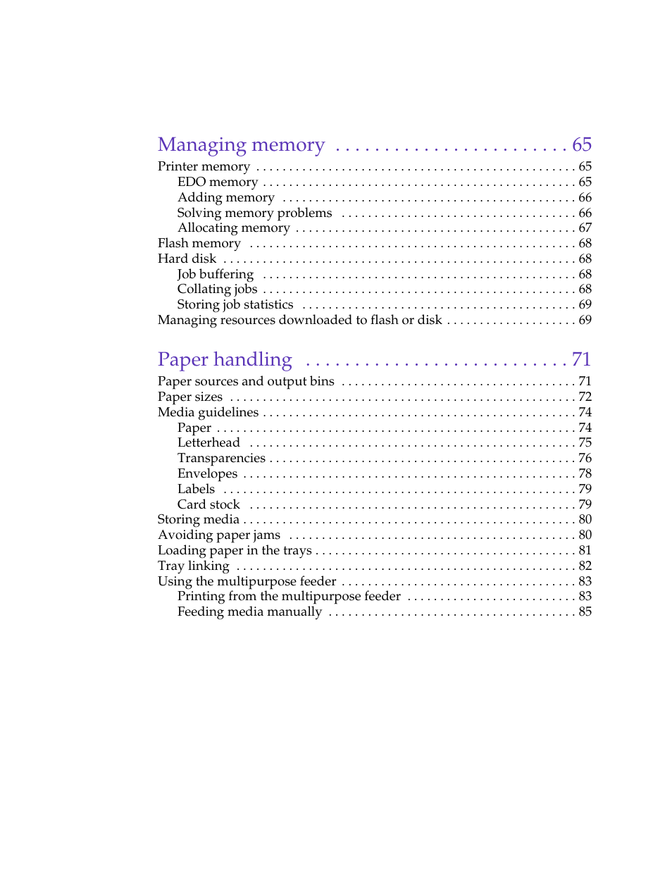 4 managing memory 65, 5 paper handling 71, Paper handling | Lexmark 1200 User Manual | Page 5 / 208