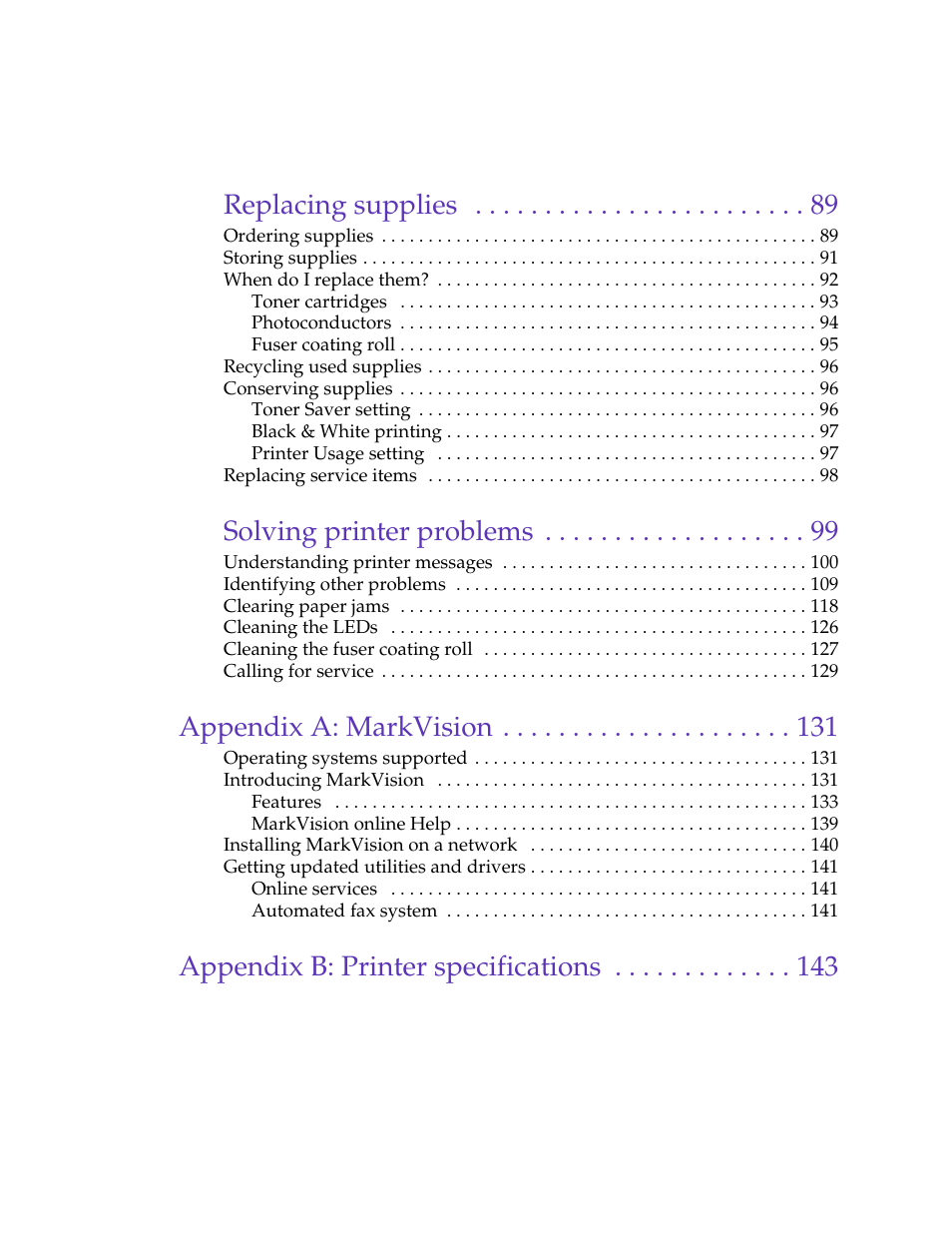 6 replacing supplies 89, 7 solving printer problems 99, Appendix a: markvision 131 | Appendix b: printer specifications 143, Replacing supplies, Solving printer problems, Appendix a: markvision, Appendix b: printer specifications | Lexmark 1200 User Manual | Page 6 / 208