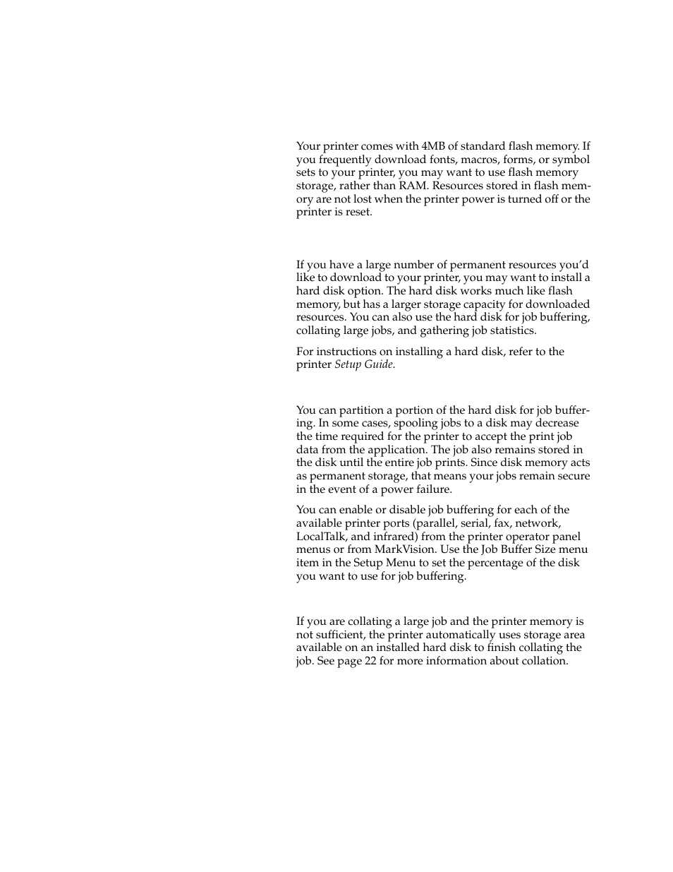 Flash memory, Hard disk, Flash memory hard disk | Job buffering collating jobs | Lexmark 1200 User Manual | Page 82 / 208