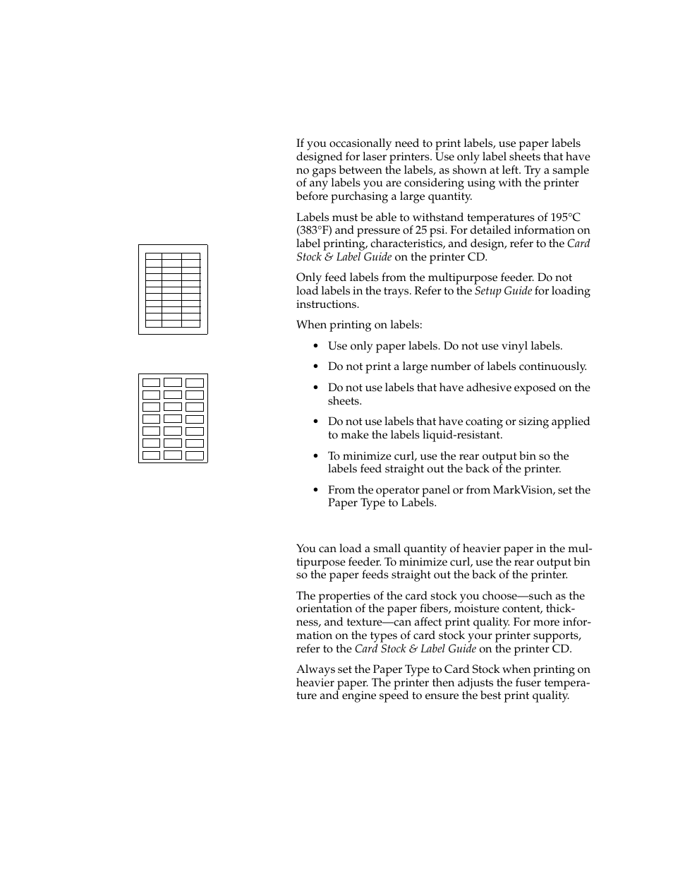 Labels card stock | Lexmark 1200 User Manual | Page 93 / 208