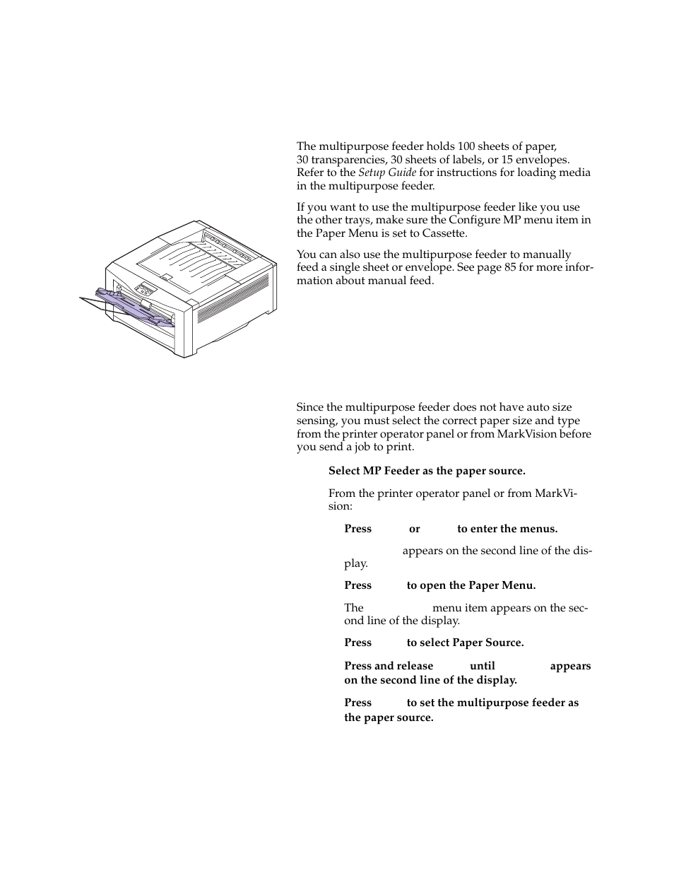 Using the multipurpose feeder, Printing from the multipurpose feeder | Lexmark 1200 User Manual | Page 97 / 208