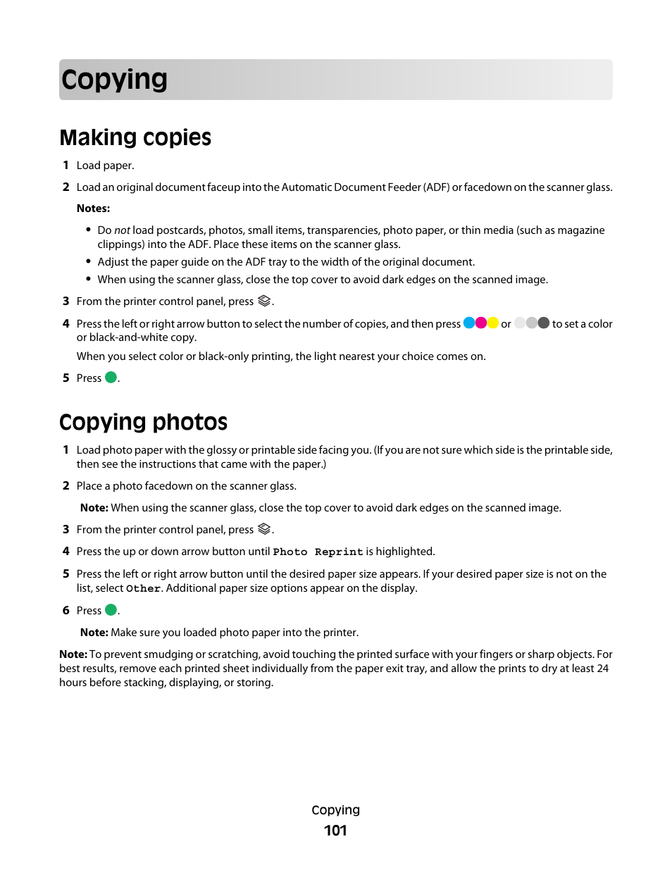 Copying, Making copies, Copying photos | Lexmark 7600 Series User Manual | Page 101 / 181