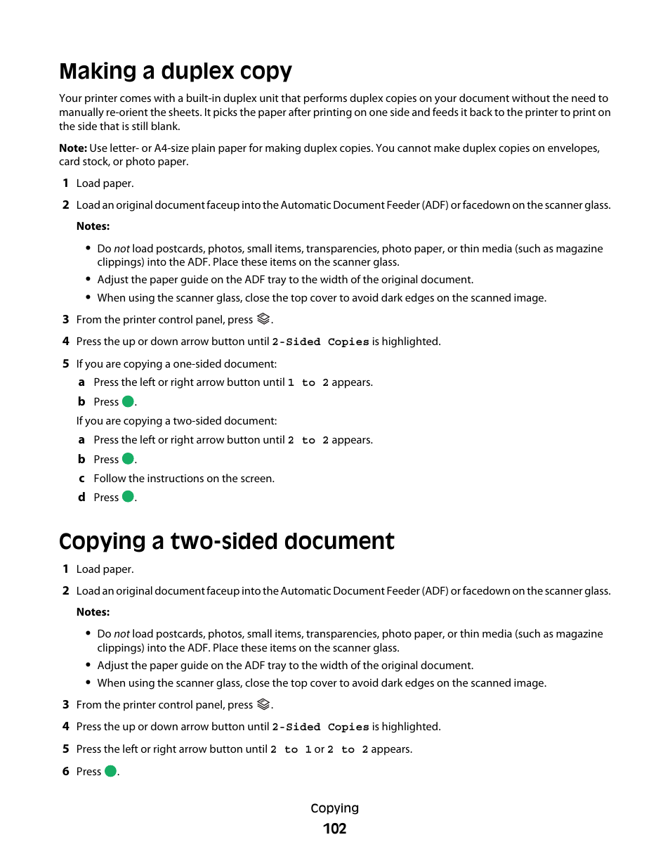 Making a duplex copy, Copying a two-sided document | Lexmark 7600 Series User Manual | Page 102 / 181