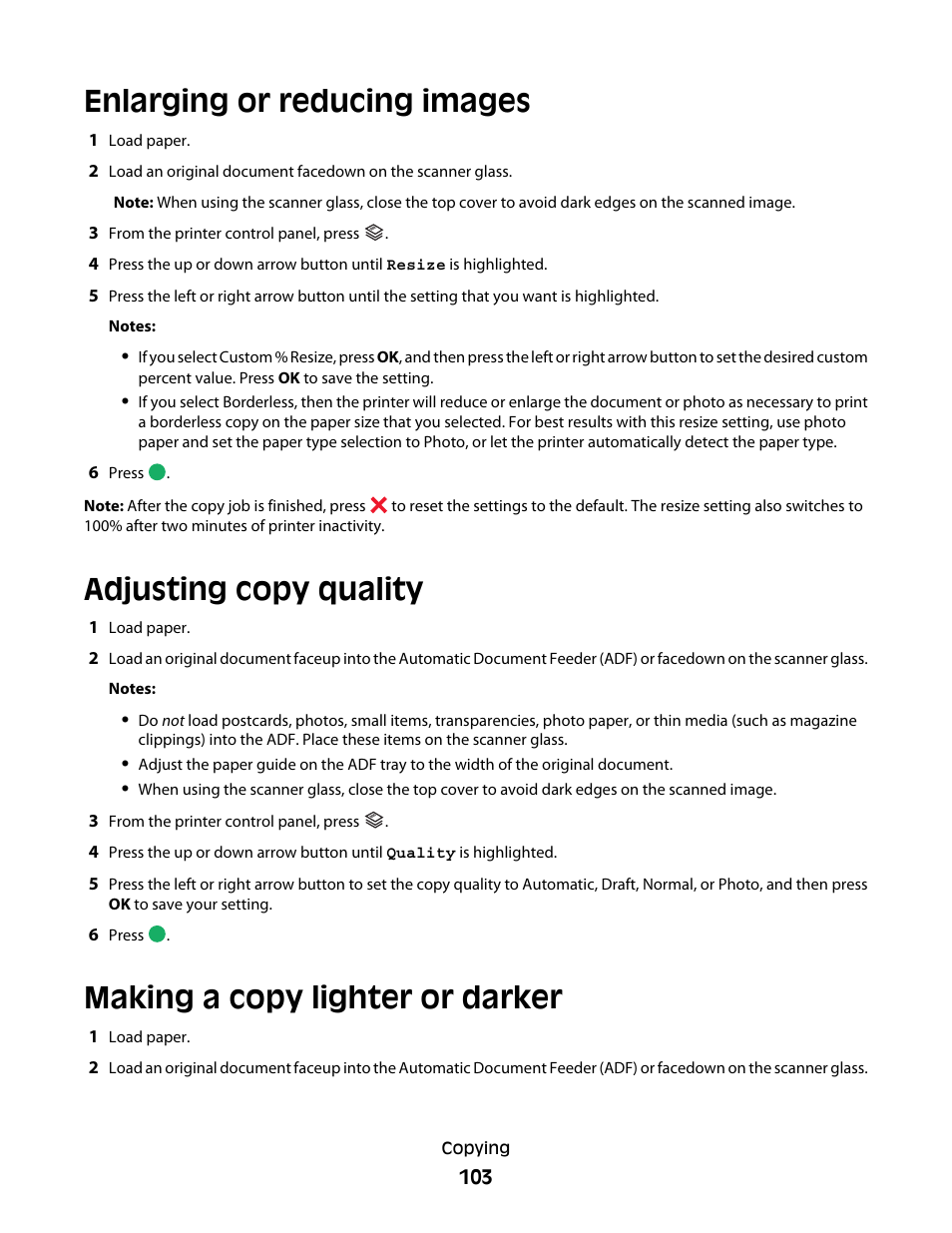 Enlarging or reducing images, Adjusting copy quality, Making a copy lighter or darker | Lexmark 7600 Series User Manual | Page 103 / 181