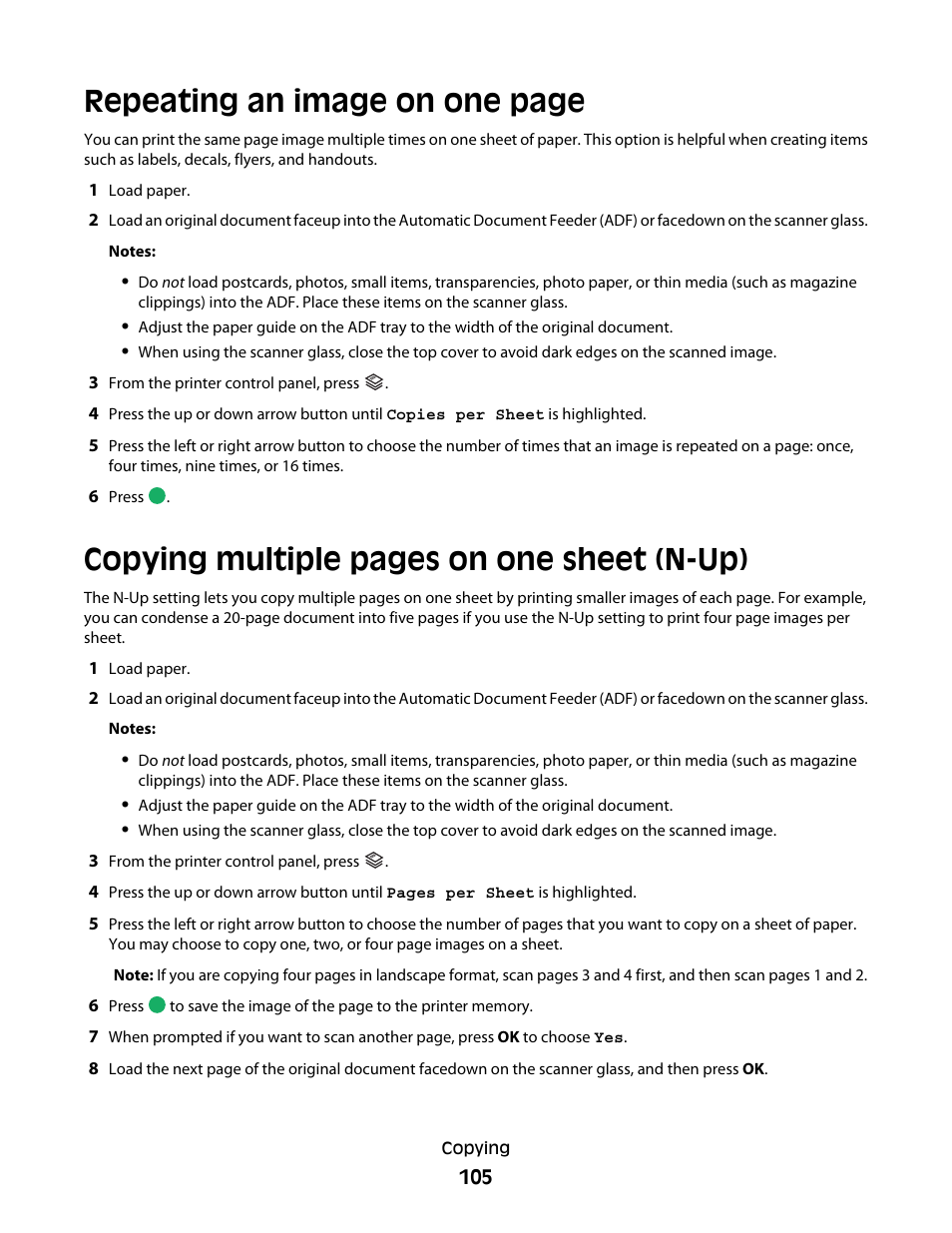 Repeating an image on one page, Copying multiple pages on one sheet (n-up) | Lexmark 7600 Series User Manual | Page 105 / 181