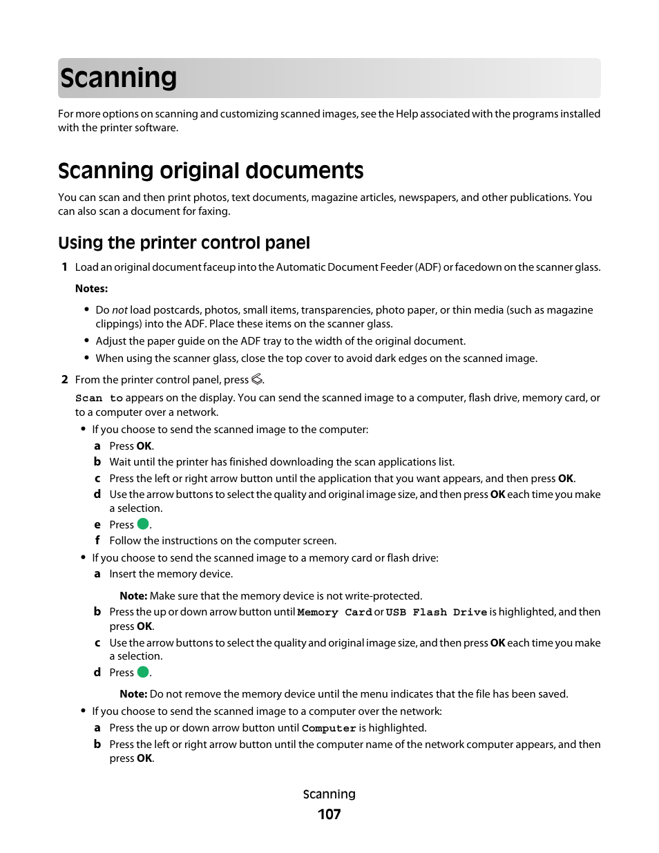 Scanning, Scanning original documents, Using the printer control panel | Lexmark 7600 Series User Manual | Page 107 / 181