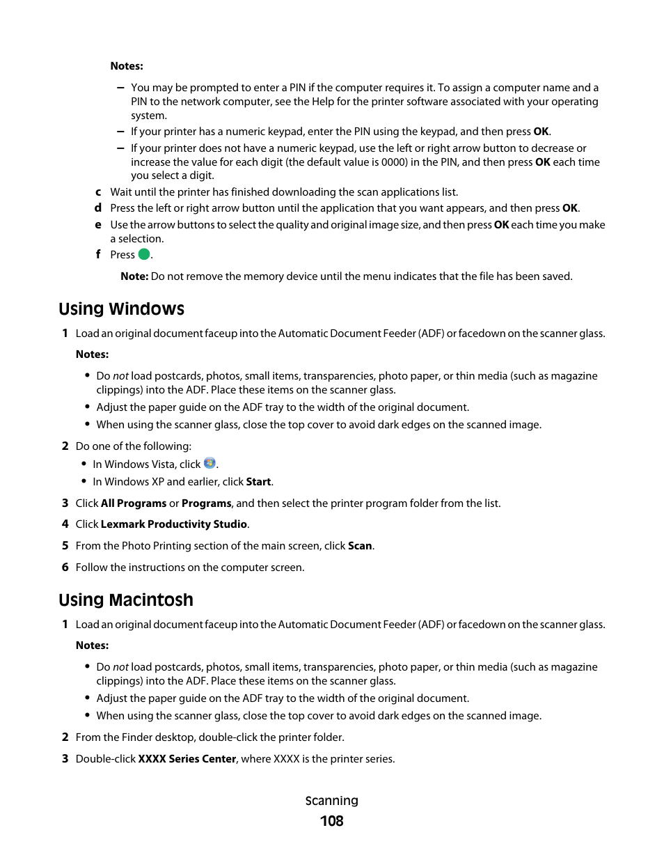 Using windows, Using macintosh | Lexmark 7600 Series User Manual | Page 108 / 181