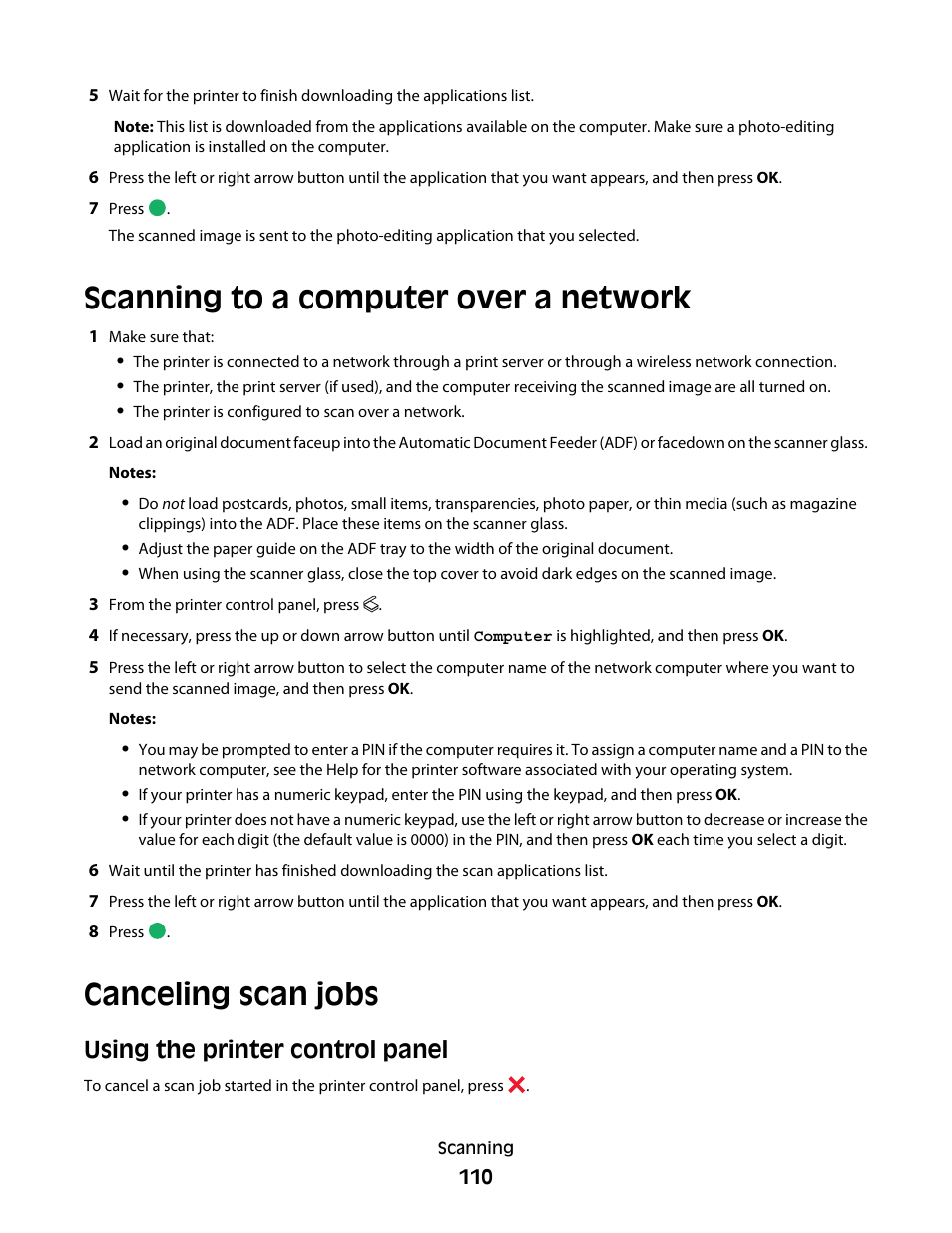 Scanning to a computer over a network, Canceling scan jobs, Using the printer control panel | Lexmark 7600 Series User Manual | Page 110 / 181