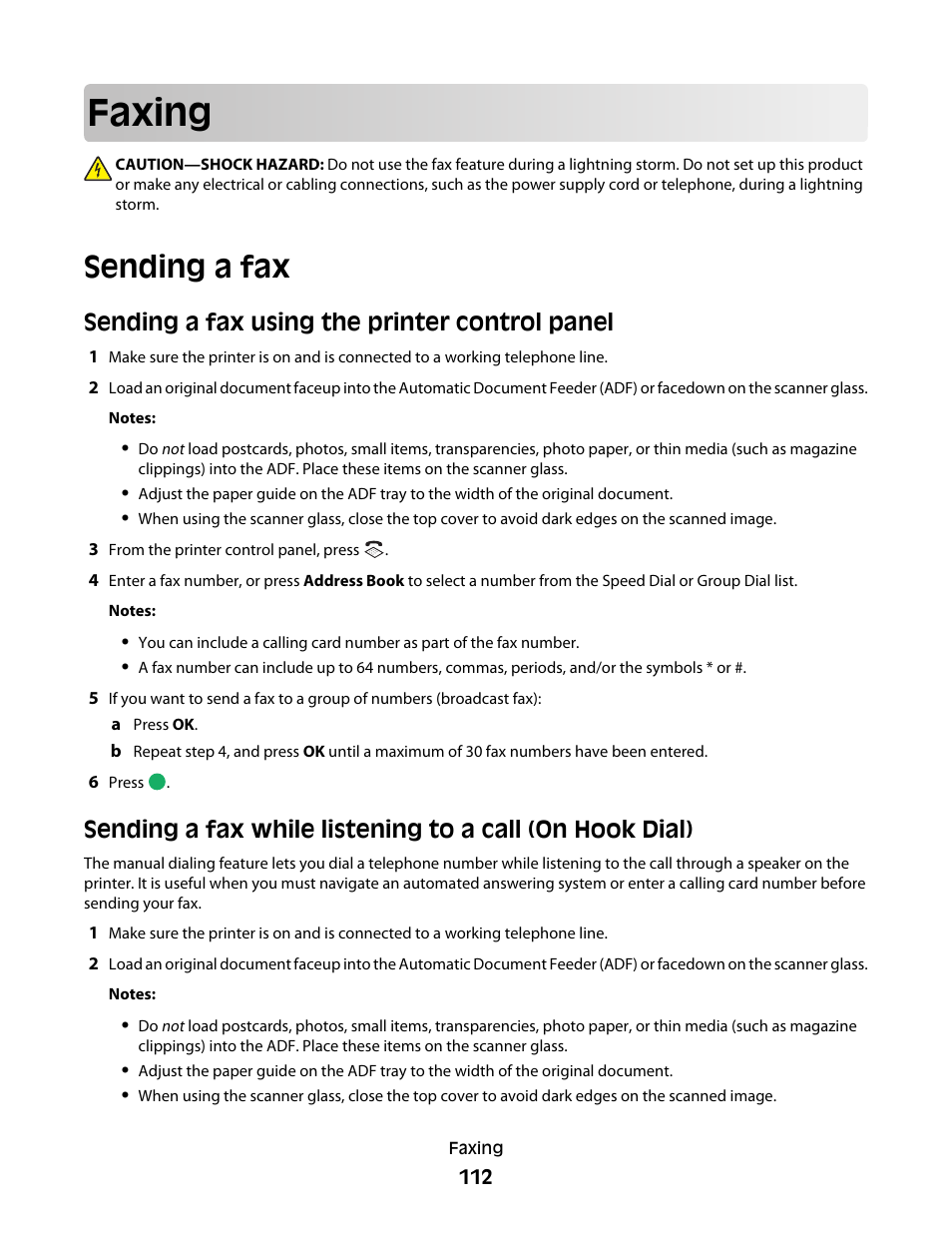 Faxing, Sending a fax, Sending a fax using the printer control panel | Lexmark 7600 Series User Manual | Page 112 / 181