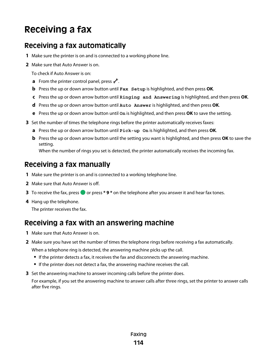 Receiving a fax, Receiving a fax automatically, Receiving a fax manually | Receiving a fax with an answering machine | Lexmark 7600 Series User Manual | Page 114 / 181