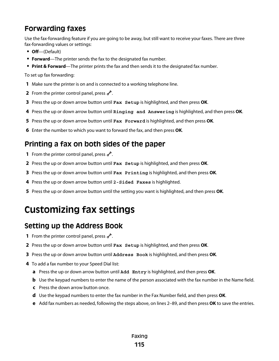 Forwarding faxes, Printing a fax on both sides of the paper, Customizing fax settings | Setting up the address book | Lexmark 7600 Series User Manual | Page 115 / 181