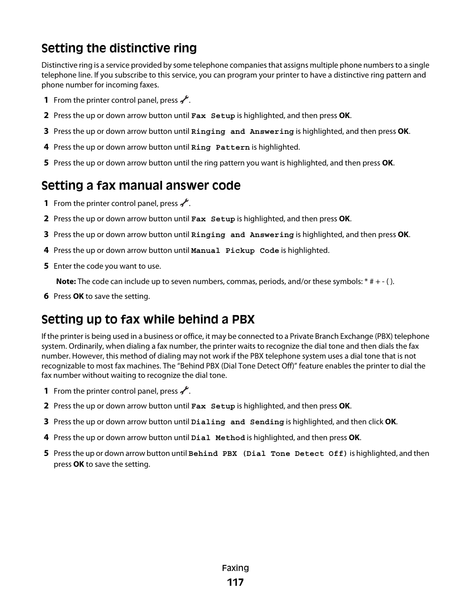Setting the distinctive ring, Setting a fax manual answer code, Setting up to fax while behind a pbx | Lexmark 7600 Series User Manual | Page 117 / 181