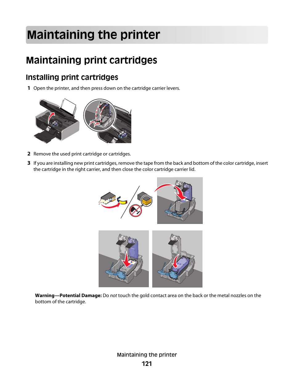 Maintaining the printer, Maintaining print cartridges, Installing print cartridges | Lexmark 7600 Series User Manual | Page 121 / 181