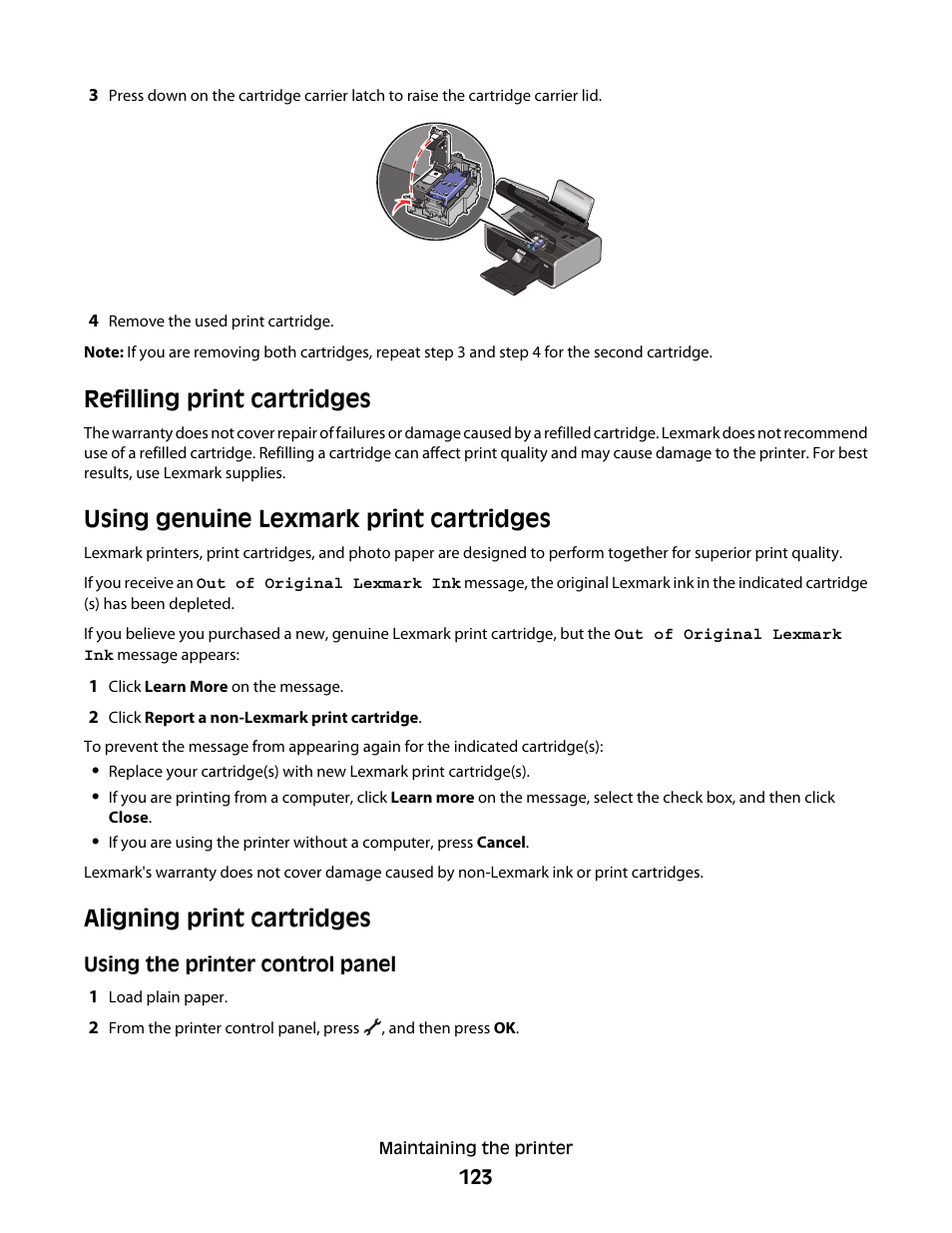 Refilling print cartridges, Using genuine lexmark print cartridges, Aligning print cartridges | Lexmark 7600 Series User Manual | Page 123 / 181