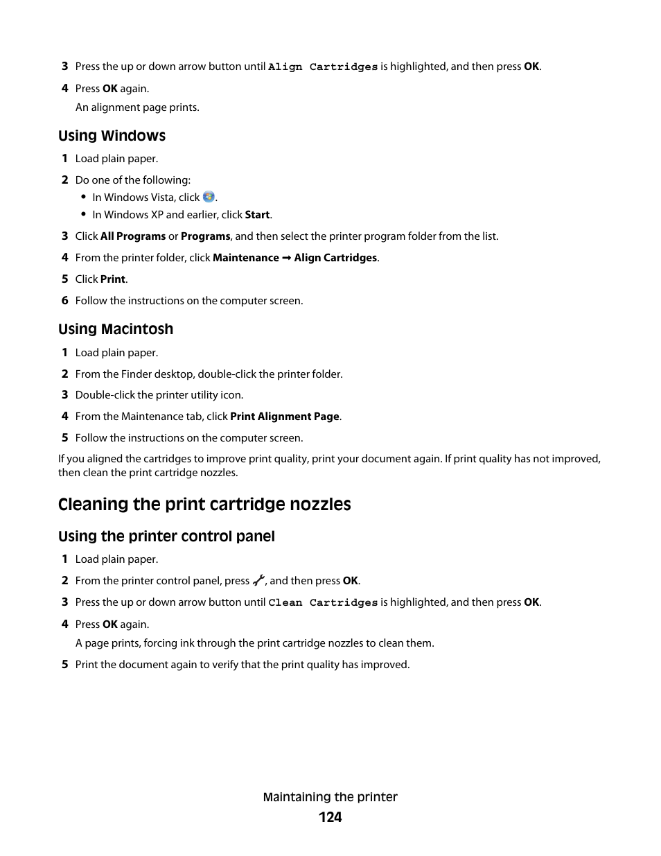 Cleaning the print cartridge nozzles | Lexmark 7600 Series User Manual | Page 124 / 181