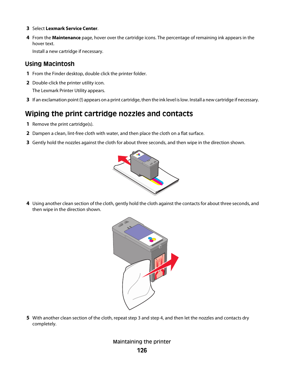 Wiping the print cartridge nozzles and contacts | Lexmark 7600 Series User Manual | Page 126 / 181