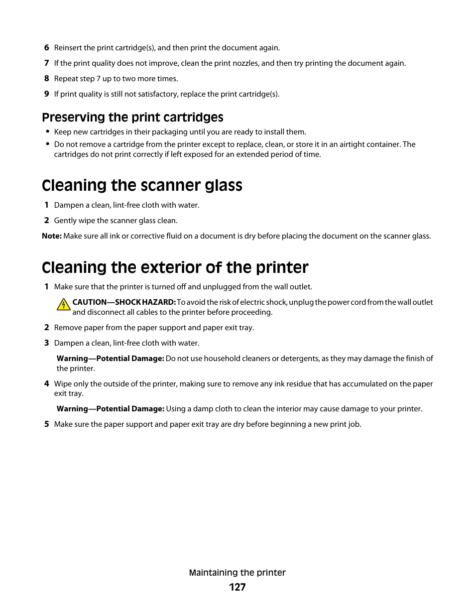 Preserving the print cartridges, Cleaning the scanner glass, Cleaning the exterior of the printer | Lexmark 7600 Series User Manual | Page 127 / 181