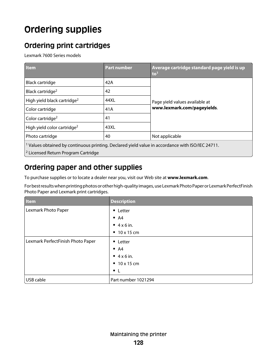 Ordering supplies, Ordering print cartridges, Ordering paper and other supplies | Lexmark 7600 Series User Manual | Page 128 / 181