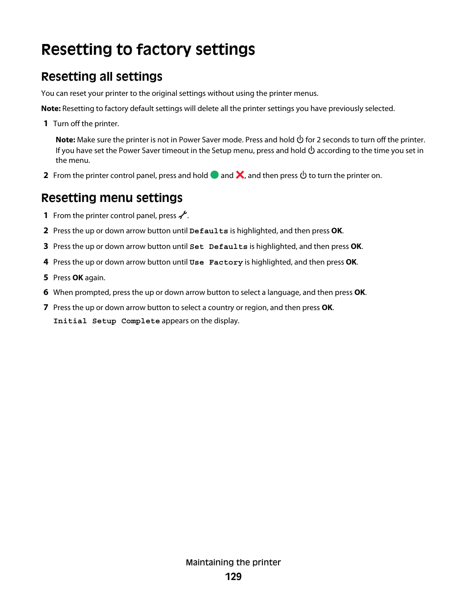 Resetting to factory settings, Resetting all settings, Resetting menu settings | Lexmark 7600 Series User Manual | Page 129 / 181