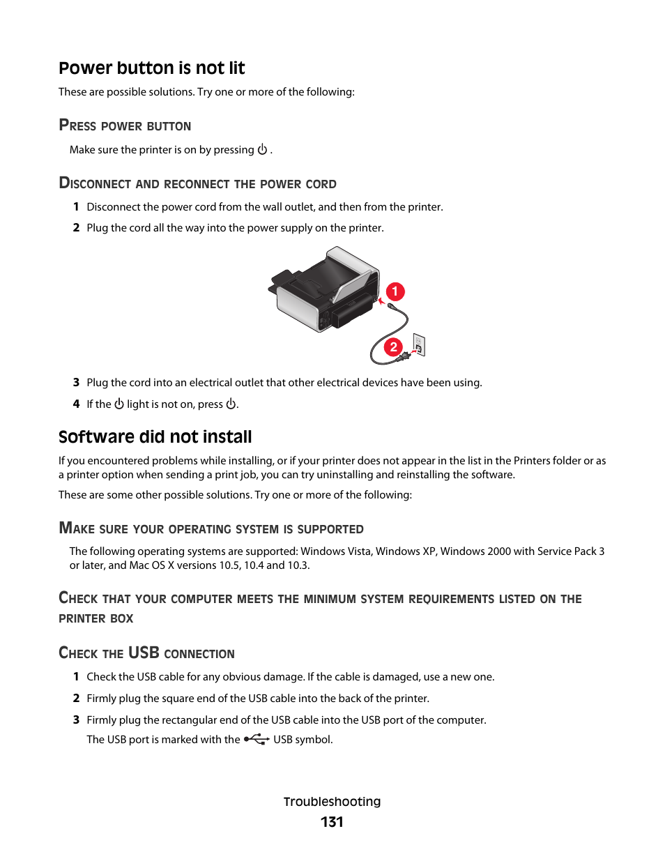 Power button is not lit, Software did not install, Power button is not lit software did not install | Lexmark 7600 Series User Manual | Page 131 / 181