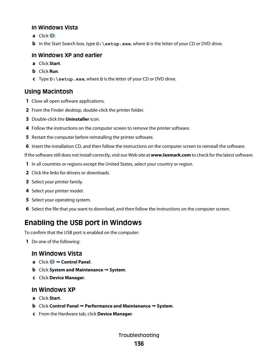 Enabling the usb port in windows | Lexmark 7600 Series User Manual | Page 136 / 181