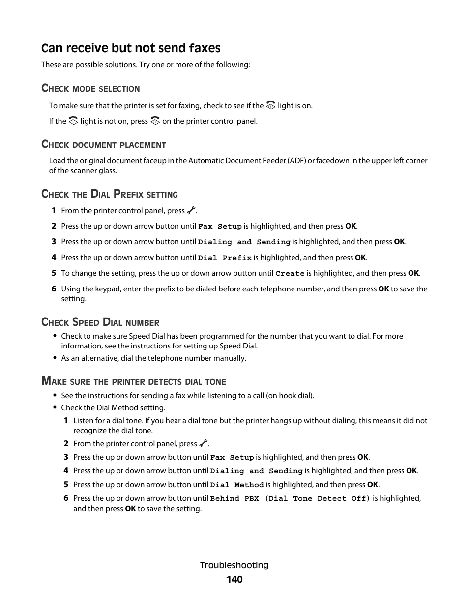 Can receive but not send faxes | Lexmark 7600 Series User Manual | Page 140 / 181