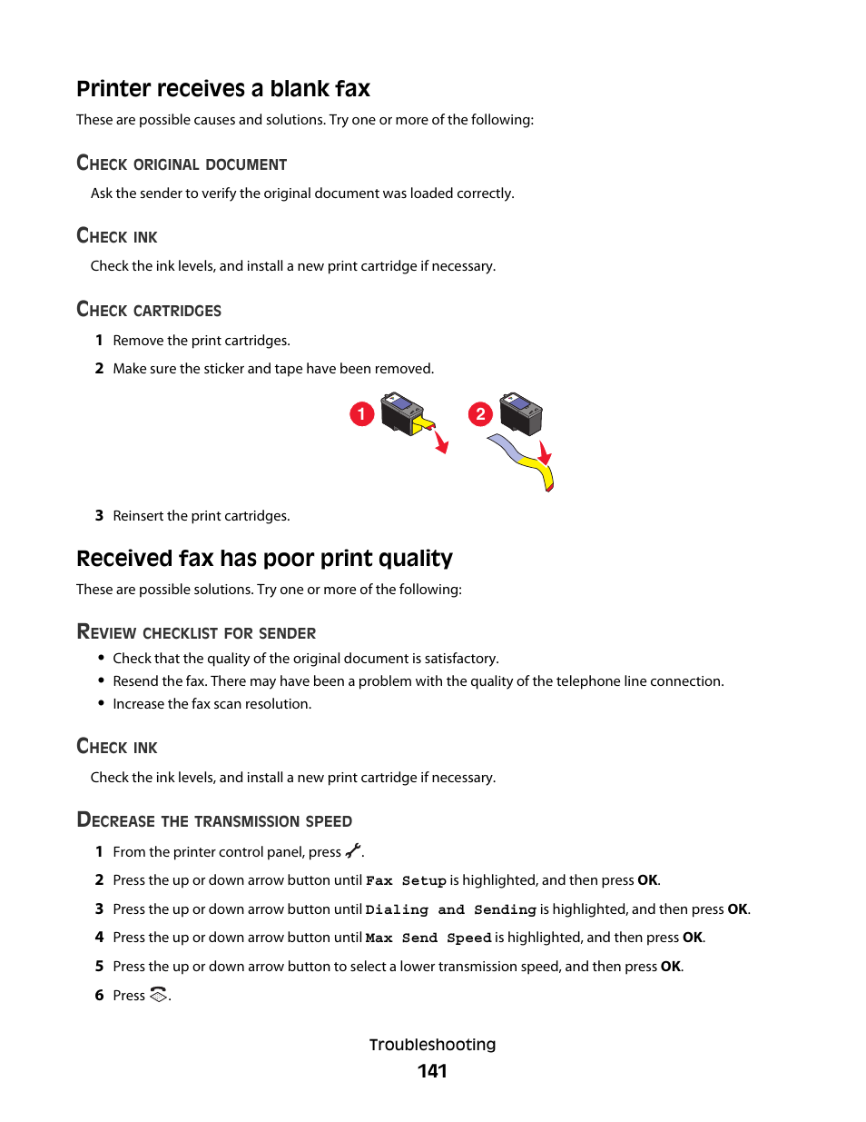 Printer receives a blank fax, Received fax has poor print quality | Lexmark 7600 Series User Manual | Page 141 / 181