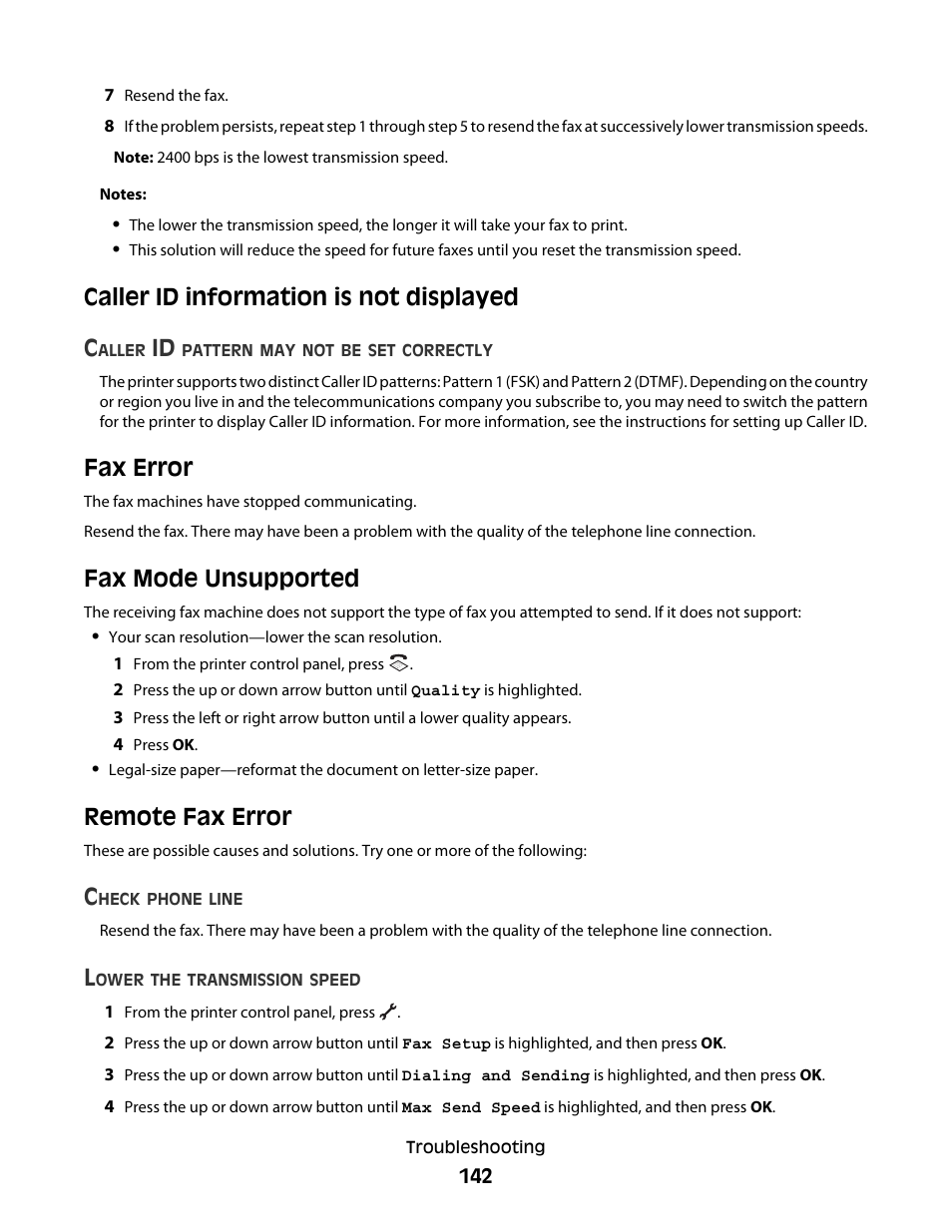 Caller id information is not displayed, Fax error, Fax mode unsupported | Remote fax error, Caller id information is not displayed fax error, Fax mode unsupported remote fax error, Caller id information is not displayed c | Lexmark 7600 Series User Manual | Page 142 / 181