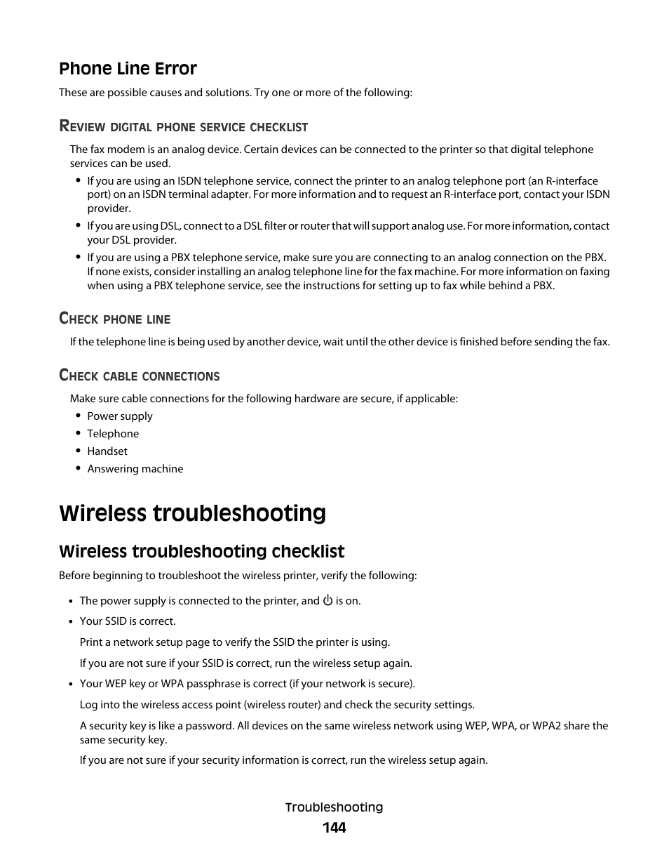 Phone line error, Wireless troubleshooting, Wireless troubleshooting checklist | Lexmark 7600 Series User Manual | Page 144 / 181