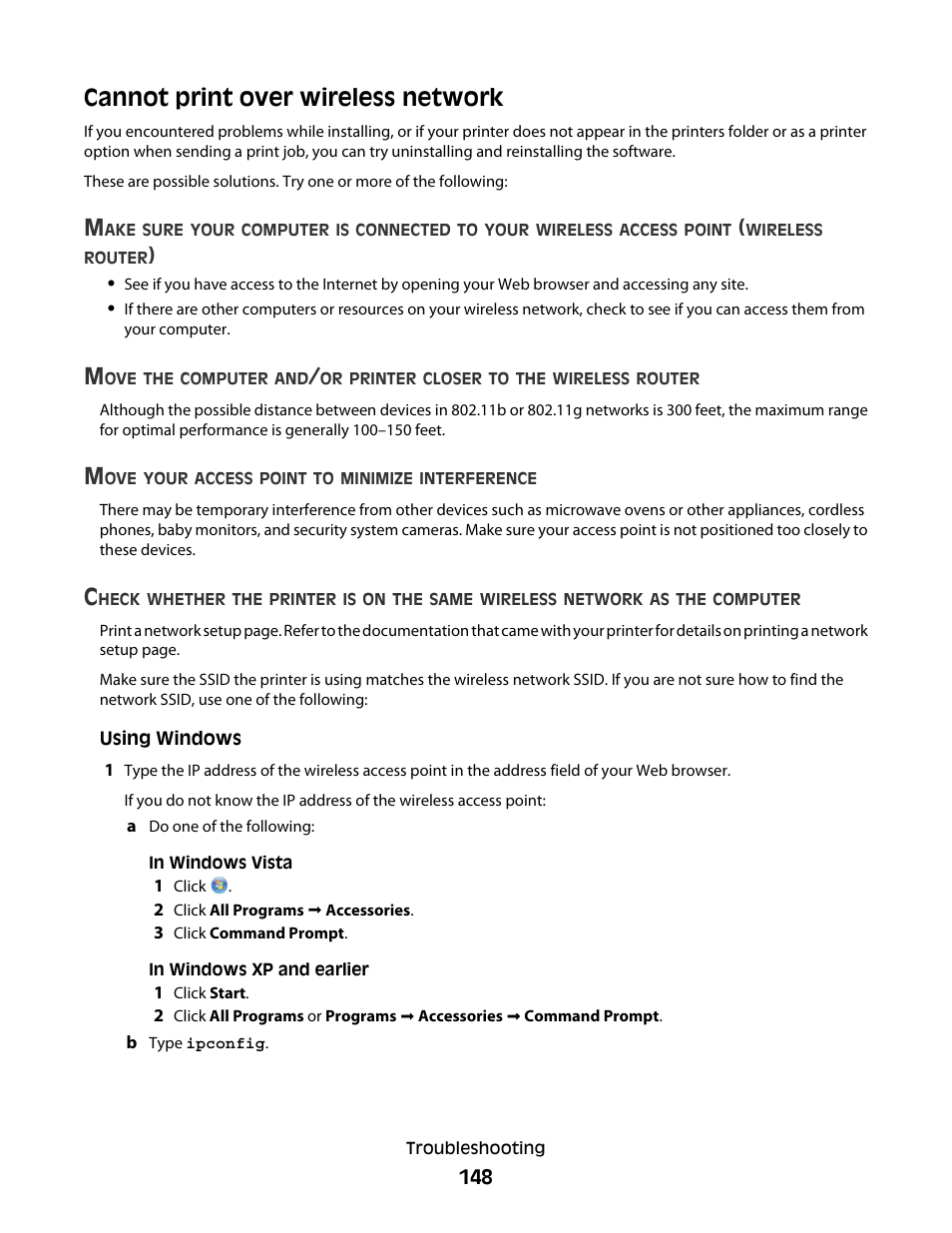 Cannot print over wireless network | Lexmark 7600 Series User Manual | Page 148 / 181