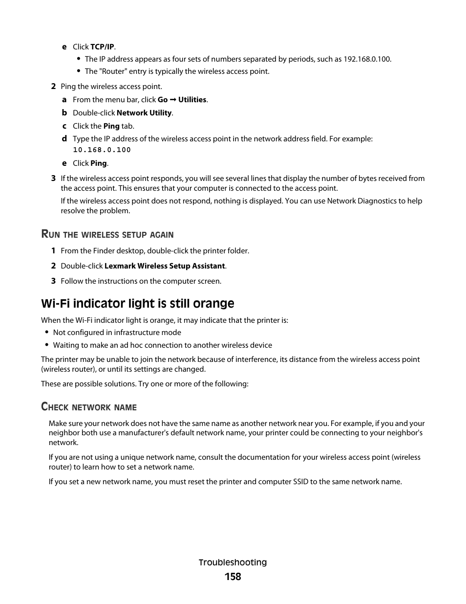 Wi-fi indicator light is still orange | Lexmark 7600 Series User Manual | Page 158 / 181