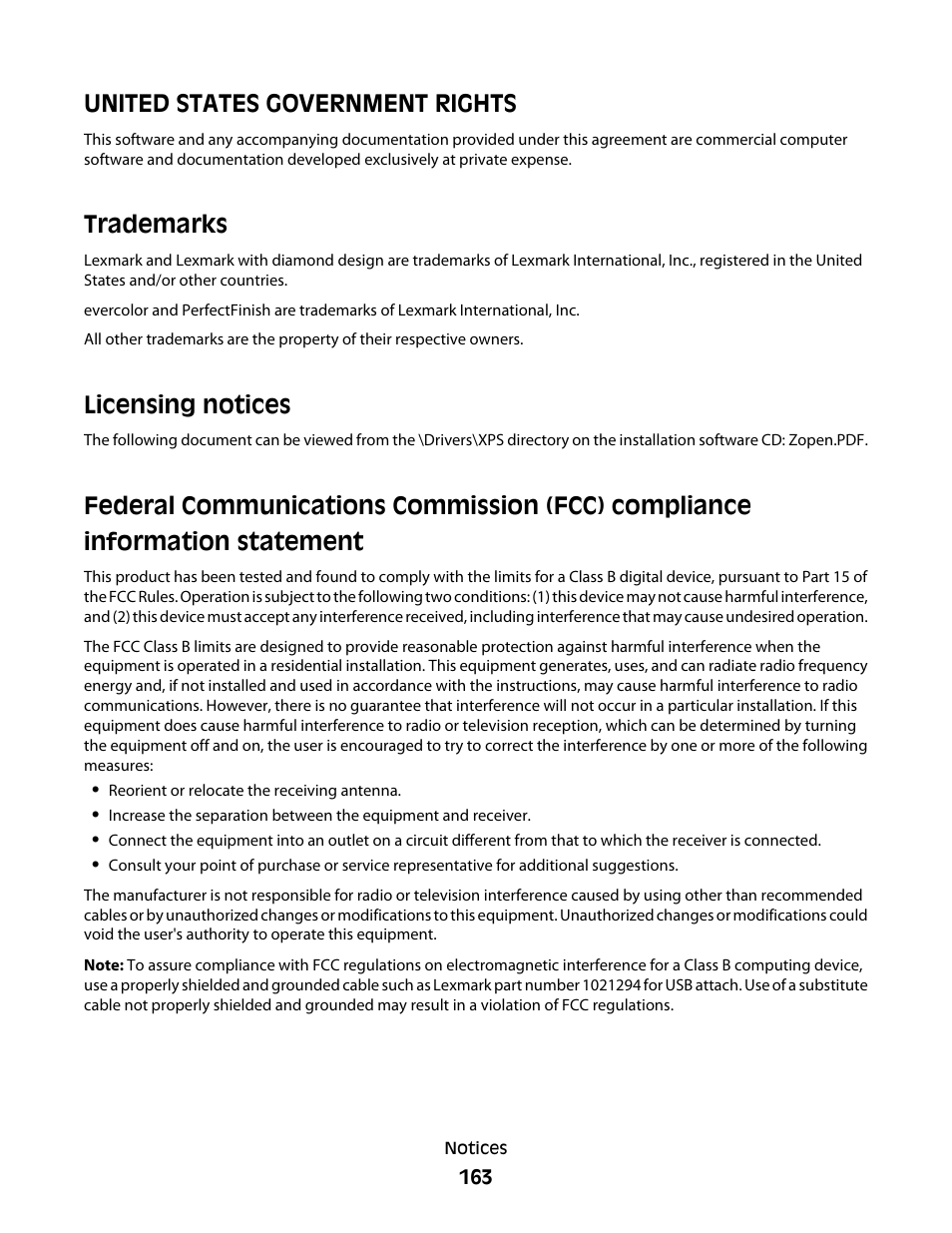 United states government rights, Trademarks, Licensing notices | Lexmark 7600 Series User Manual | Page 163 / 181