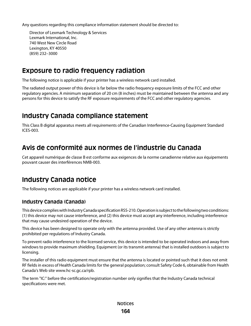 Exposure to radio frequency radiation, Industry canada notice, Industry canada compliance statement | Lexmark 7600 Series User Manual | Page 164 / 181
